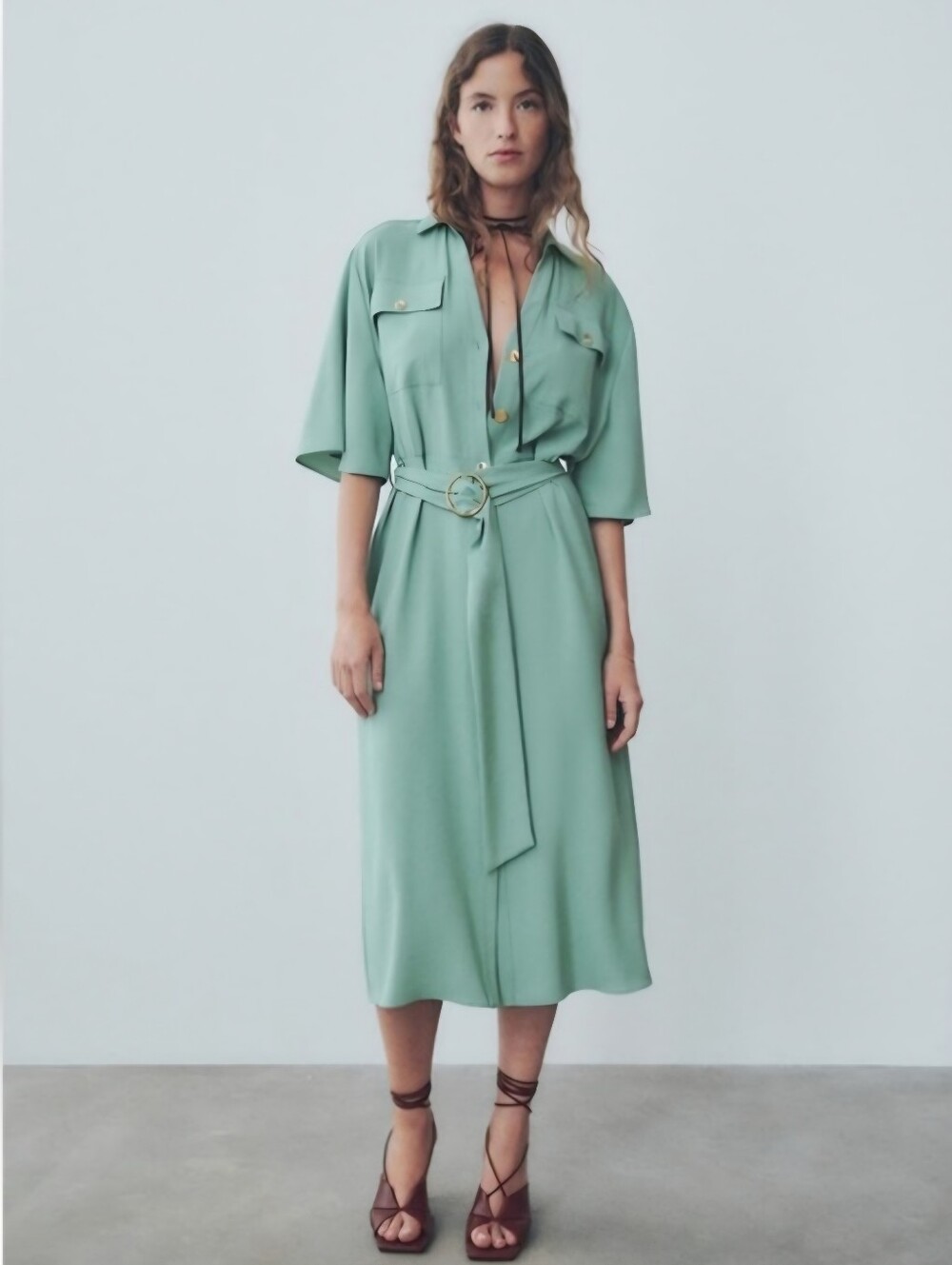 ZARA Sea Green Belted Utility Midi Shirt Dress Gold Buckle Size XS